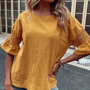 XL (12) VCAY Shirred Flounce Sleeve Blouse 1/2 sleeve yellow gold